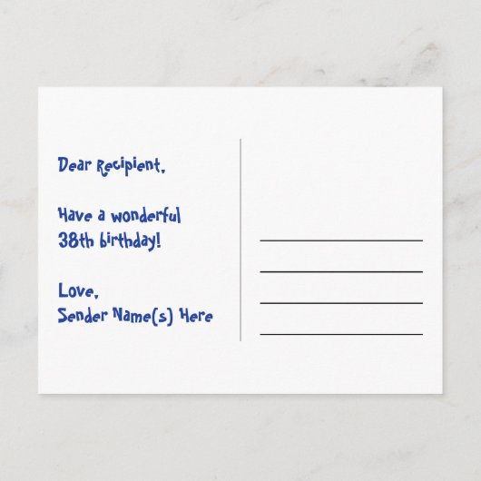 38歳の誕生日:ピンクのストライプとハート、虹色の38 ポストカード (裏面)