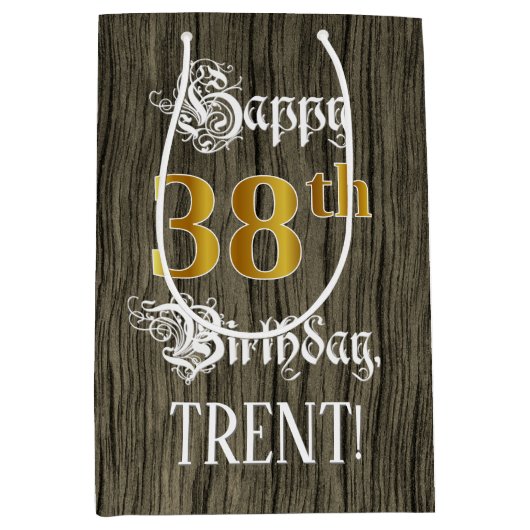 38歳の誕生日: 偽の金の輝きと偽の木目模様 ミディアムペーパーバッグ (正面)