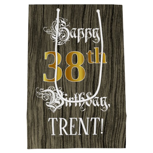 38歳の誕生日: 偽の金の輝きと偽の木目模様 ミディアムペーパーバッグ (裏面)