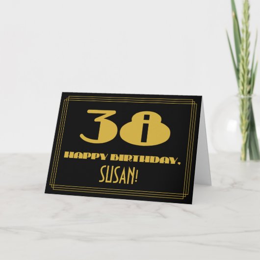 38歳の誕生日:名前 + アートデコ風の「38」 カード (正面)