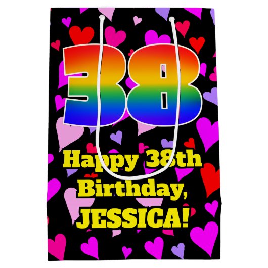 38歳の誕生日:愛情のこもったハート柄、虹 #38 ミディアムペーパーバッグ (裏面)