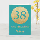 38番目の誕生日ティール(緑がかった色)と金ゴールドグリッターカード カード (黄色い花)