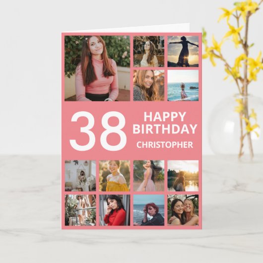 38番目の誕生日フォトコラージュ13枚の写真ピンク&ホワイト カード (黄色い花)
