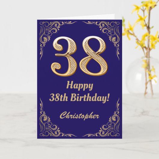 38誕生日ネイビーブルーと金ゴールドグリッターフレーム カード (黄色い花)