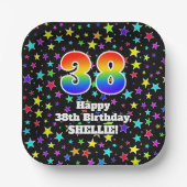 38誕生日:おもしろいスター柄と虹"38" ペーパープレート (正面)