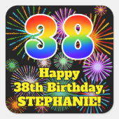 38誕生日:おもしろい花火ルック、虹# 38 スクエアシール (正面)