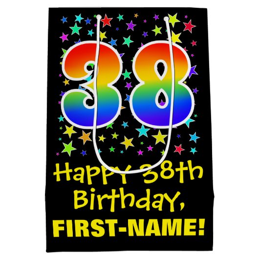 38誕生日:カラフルスターズパターン&レインボー38 ミディアムペーパーバッグ (裏面)