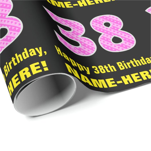 38誕生日:ピンクストライプのハートと38" +名前 ラッピングペーパー (ロールコーナー)