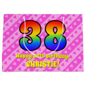 38誕生日:ピンクストライプのハート、レインボー# 38 ラージペーパーバッグ (正面)