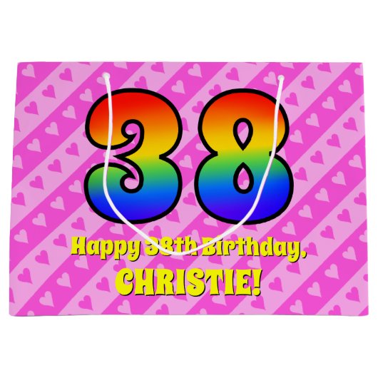 38誕生日:ピンクストライプのハート、レインボー# 38 ラージペーパーバッグ (正面)