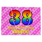 38誕生日:ピンクストライプのハート、レインボー# 38 ラージペーパーバッグ (裏面)