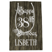 38誕生日: ファンシー, フェイク Wood Look +名前をカスタムする ミディアムペーパーバッグ (正面)