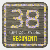 38誕生日:フローラ番号フェイク、木目、名前 スクエアシール (正面)