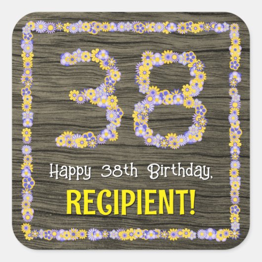 38誕生日:フローラ番号フェイク、木目、名前 スクエアシール (正面)