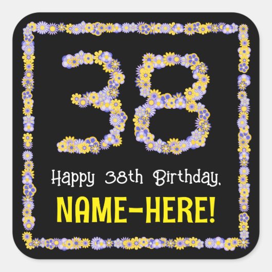 38誕生日:フローラ花数名前をカスタムする スクエアシール (正面)