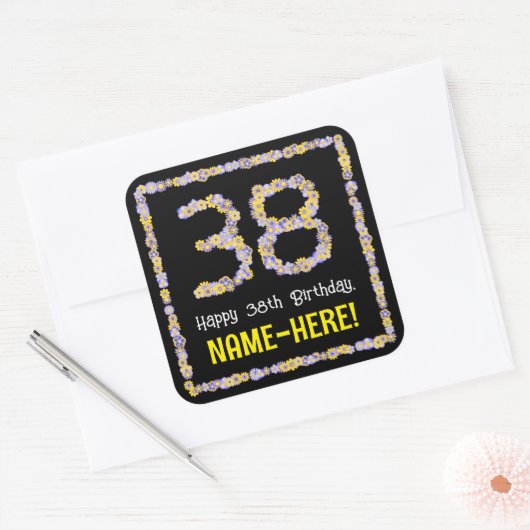 38誕生日:フローラ花数名前をカスタムする スクエアシール (封筒)