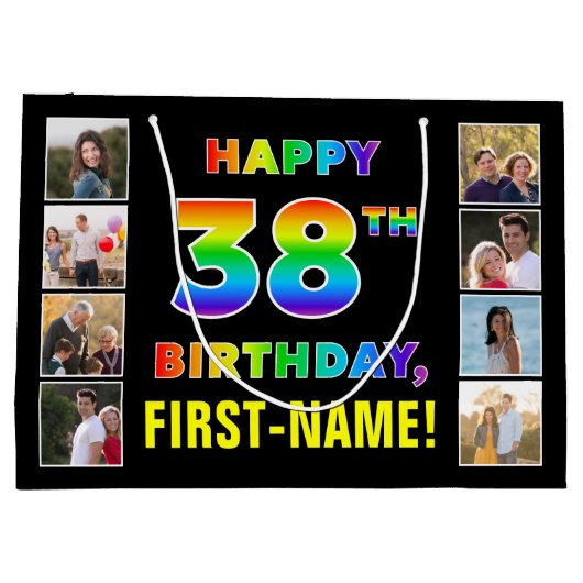 38誕生日:レインボー文字カスタム、写真&名前 ラージペーパーバッグ (裏面)