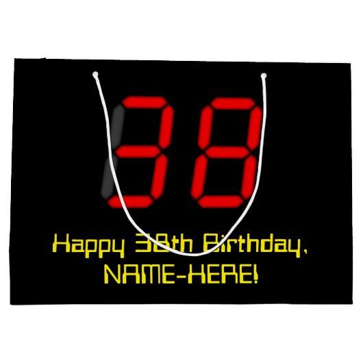 38誕生日：レッドデジタルクロックスタイル"38" +名前 ラージペーパーバッグ (裏面)