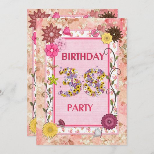38th誕生日パーティーへの招待とフローラ枠 招待状 (正面/裏面)