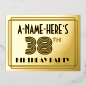 38th誕生日パーティー~アールデコスタイル"38" +名前 箔招待状ポストカード (正面)
