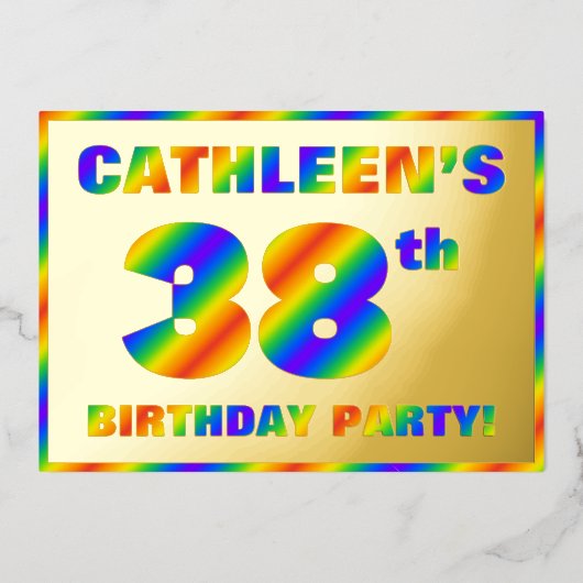 38th Birthday Party —おもしろい、レインボースペクトル「38」 箔招待状 (正面)