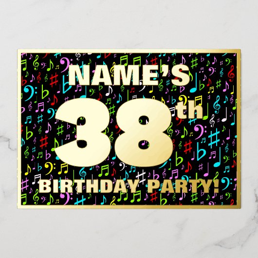 38th Birthday Party —おもしろい、音楽カラフル記号 箔招待状 (正面)