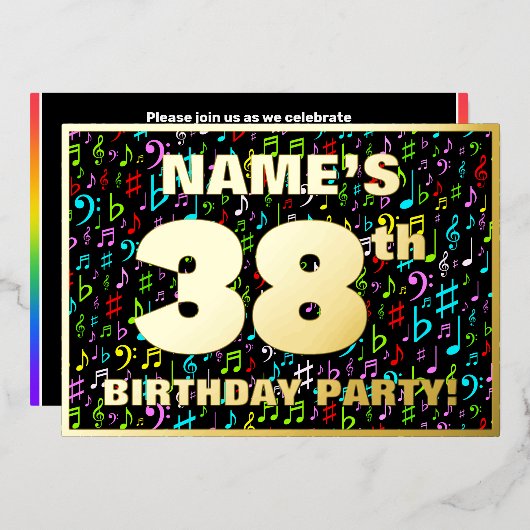 38th Birthday Party —おもしろい、音楽カラフル記号 箔招待状 (正面/裏面)