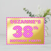 38th Birthday Party — はっきりした、おもしろい、ピンクストライプ色38 箔招待状 (立ち正面)