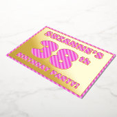 38th Birthday Party — はっきりした、おもしろい、ピンクストライプ色38 箔招待状 (回転した状態)