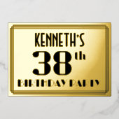 38th Birthday Party:アールデコ「38」と名前 箔招待状 (正面)