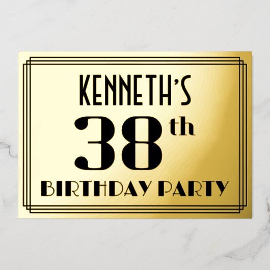 38th Birthday Party:アールデコ「38」と名前 箔招待状 (正面)