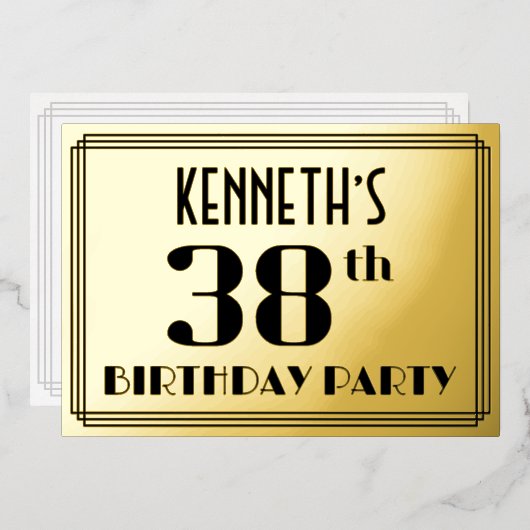 38th Birthday Party:アールデコ「38」と名前 箔招待状 (正面/裏面)