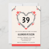 39モダン歳の誕生日の年齢フローラハート 招待状 (正面)
