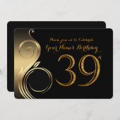 39日，誕生日招待状，数値グリッター金ゴールド，写真 招待状 (正面/裏面)