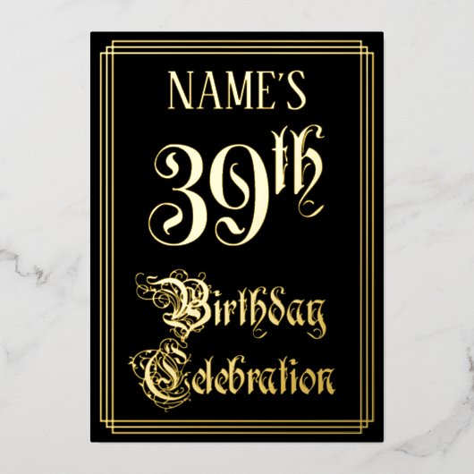 39歳の誕生日パーティー - ファンシーな手書き風フォントとカスタムネームF 箔招待状 (正面)
