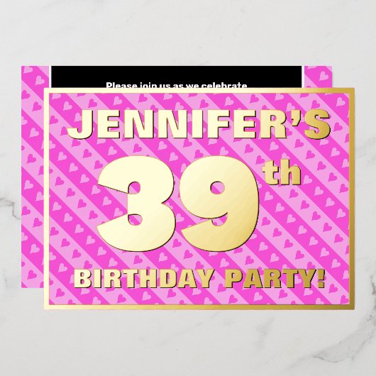 39歳の誕生日パーティー - 遊び心のあるピンクのハートとストライプ 箔招待状 (正面/裏面)