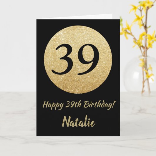 39番目の誕生日ブラックと金ゴールドグリッターカード カード (黄色い花)