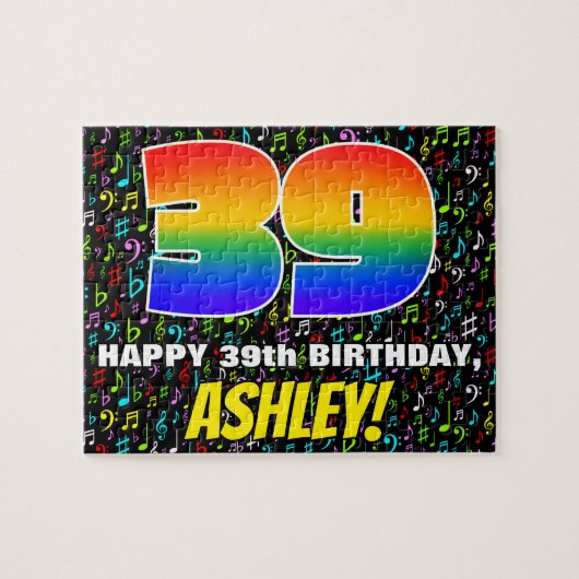 39誕生日:おもしろい、カラフル音楽シンボル、「39」 ジグソーパズル (横)