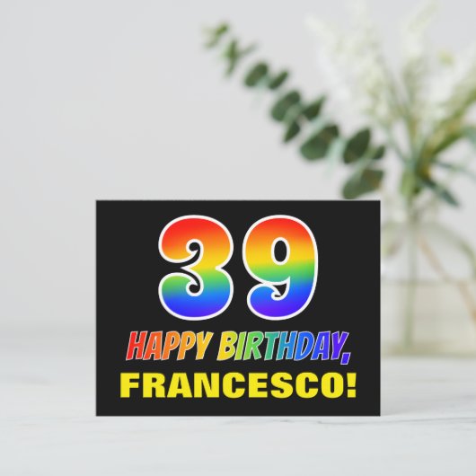 39誕生日:はっきりした,おもしろい,シンプル虹， 39 ポストカード (スタンド正面)