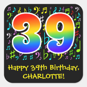 39誕生日:カラフル音楽シンボル、レインボー39 スクエアシール