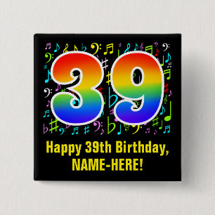 39誕生日:カラフル音楽シンボル、レインボー39 缶バッジ