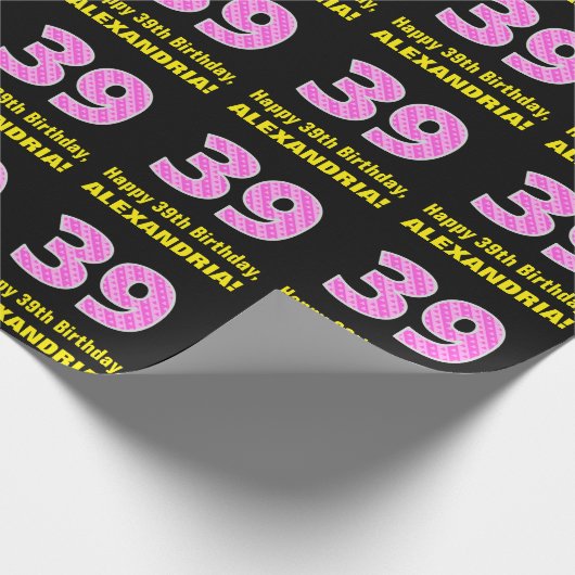 39誕生日:ピンクストライプのハートと39" +名前 ラッピングペーパー (角)