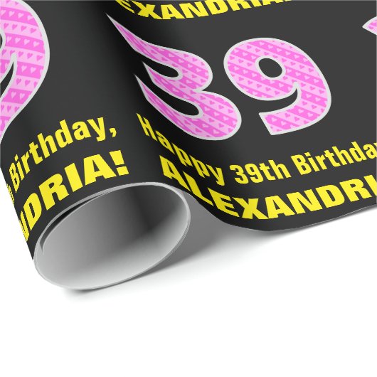 39誕生日:ピンクストライプのハートと39" +名前 ラッピングペーパー (ロールコーナー)