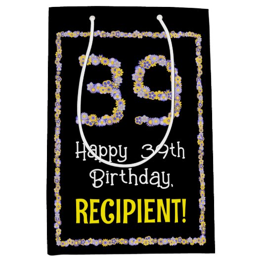 39誕生日:フローラ花数名前をカスタムする ミディアムペーパーバッグ (正面)