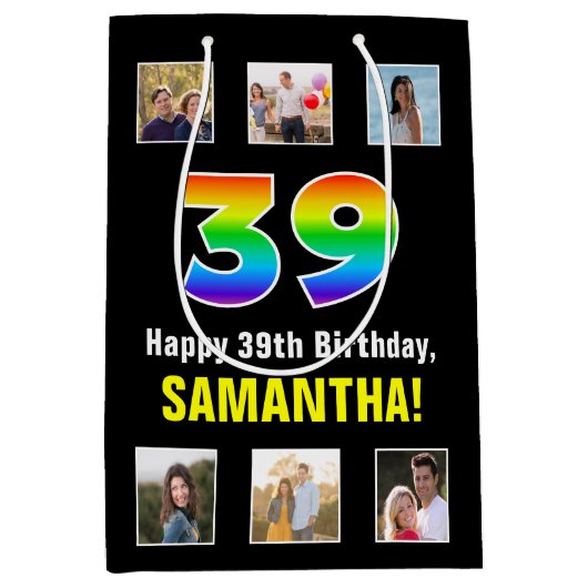 39誕生日: Rainbow "39"，写真カスタムと名前 ミディアムペーパーバッグ (正面)