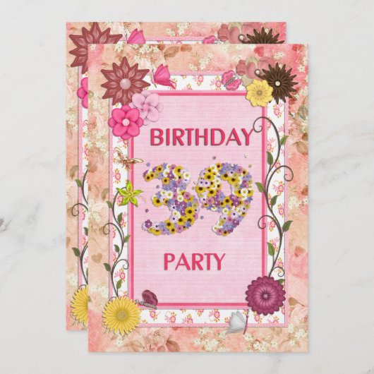 39th誕生日パーティーへの招待フローラ枠 招待状 (正面/裏面)