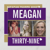 39th誕生日パーティーイベント紫の金ゴールド白い写真 招待状 (正面/裏面)