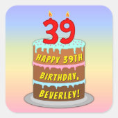 39th Birthday: Fun Cake and Candles + Custom Name スクエアシール (正面)