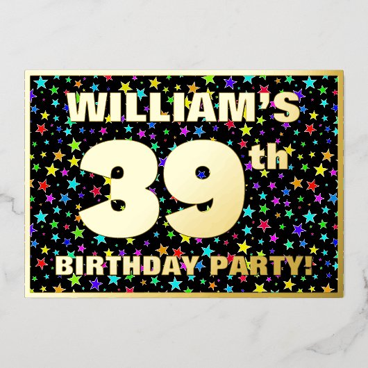 39th Birthday Party —おもしろい、スターカラフルズ・パターン 箔招待状 (正面)