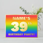 39th Birthday Party:おもしろい、レインボーカラフルパターン 箔招待状 (立ち正面)